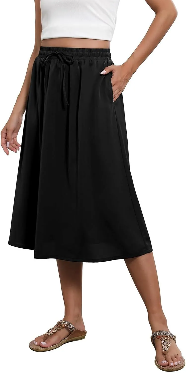 Summer Skirts for Women 2025 Midi Length Boho Floral Elastic High Waist Pleated A Line Skirts with Pockets Beach Coverups
