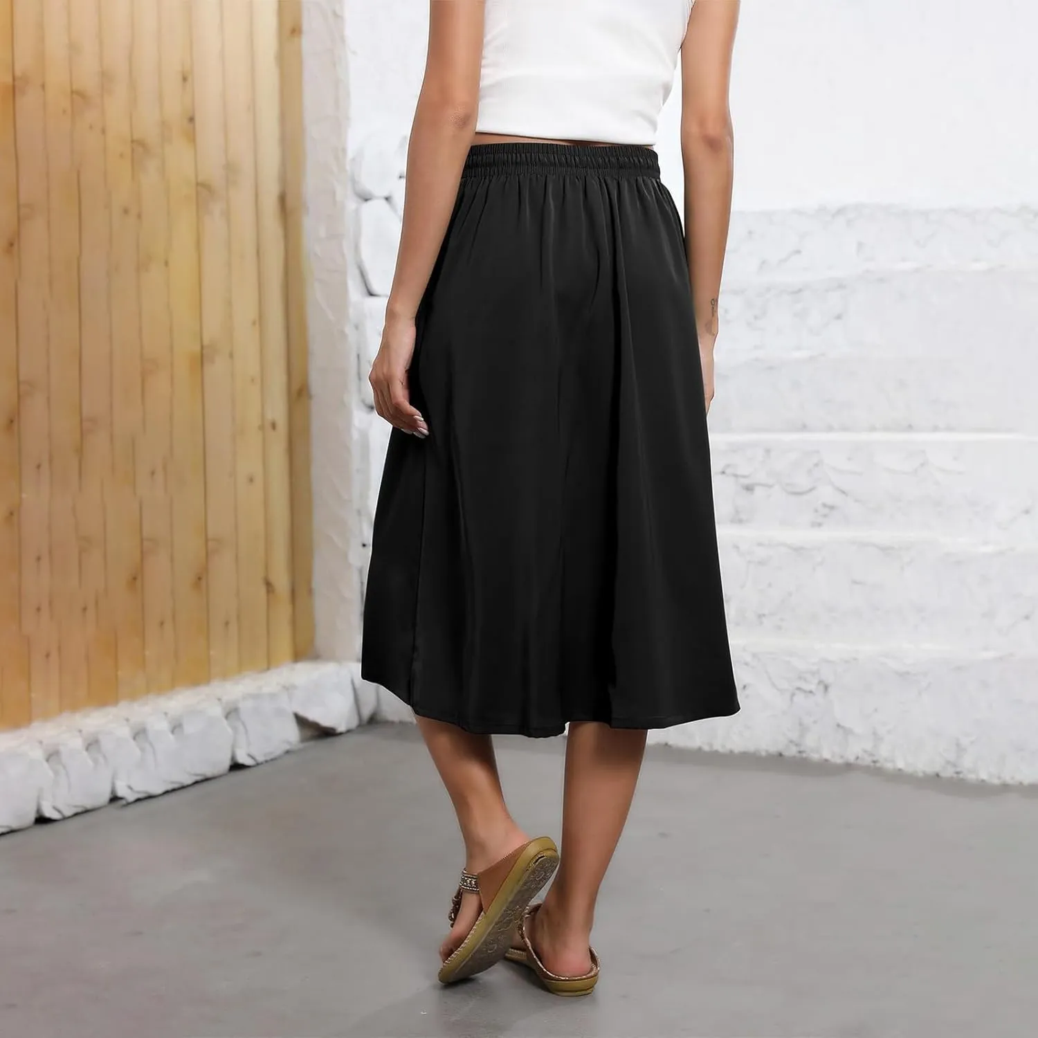 Summer Skirts for Women 2025 Midi Length Boho Floral Elastic High Waist Pleated A Line Skirts with Pockets Beach Coverups