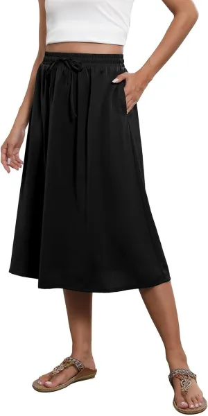Summer Skirts for Women 2025 Midi Length Boho Floral Elastic High Waist Pleated A Line Skirts with Pockets Beach Coverups