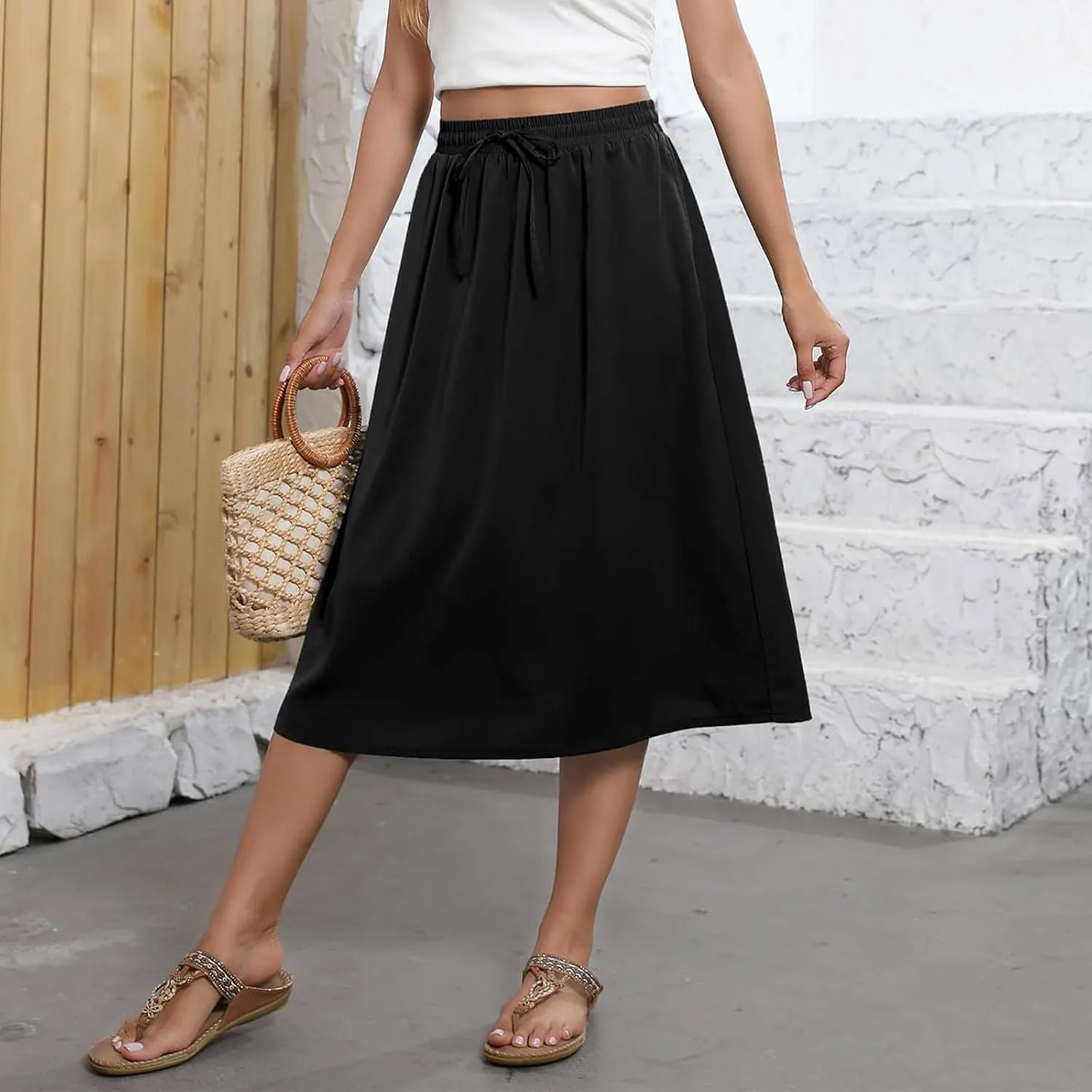 Summer Skirts for Women 2025 Midi Length Boho Floral Elastic High Waist Pleated A Line Skirts with Pockets Beach Coverups