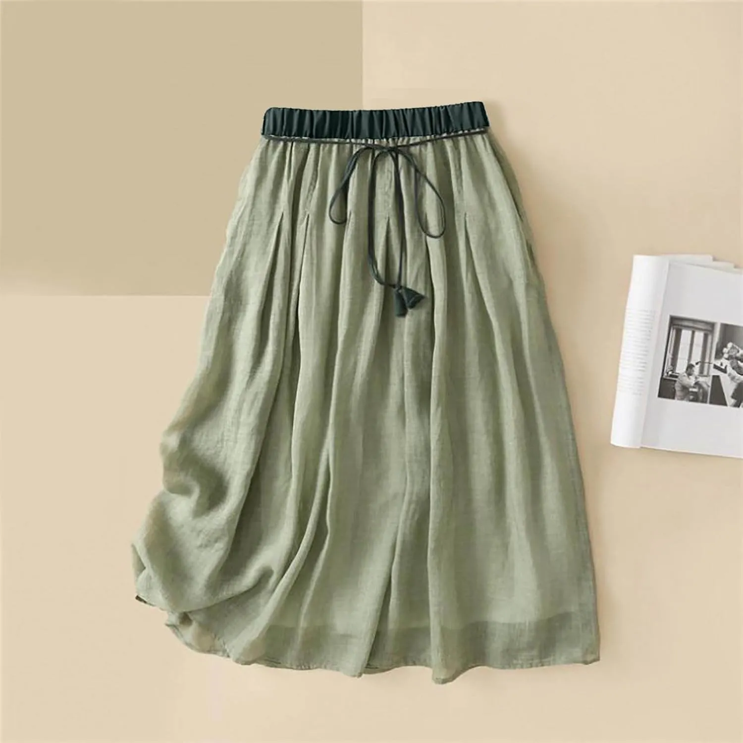 Summer Skirts for Women Drawstring Cinch Waisted Skirt Trending Cotton Linen Baggy Plus Size Skirts A Line Skirt