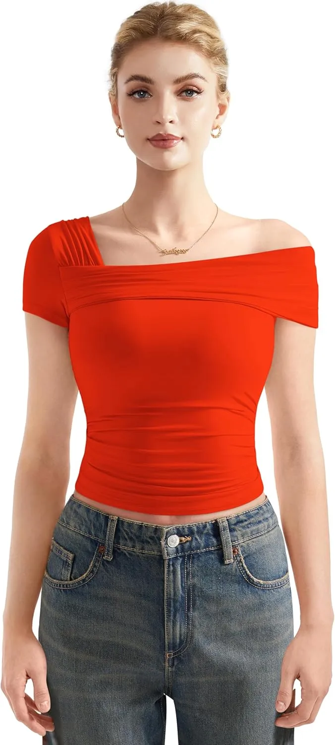 SUUKSESS Women One Off The Shoulder Summer Tank Tops Ruched Short Sleeve Shirts