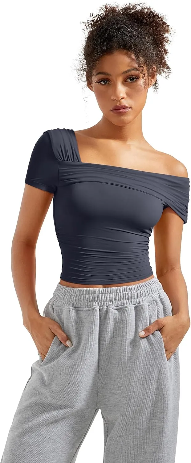 SUUKSESS Women One Off The Shoulder Summer Tank Tops Ruched Short Sleeve Shirts