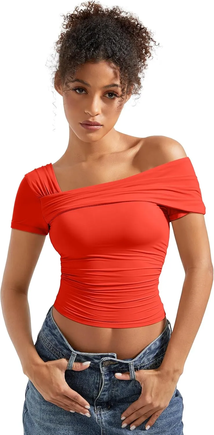 SUUKSESS Women One Off The Shoulder Summer Tank Tops Ruched Short Sleeve Shirts