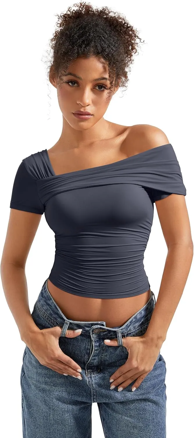 SUUKSESS Women One Off The Shoulder Summer Tank Tops Ruched Short Sleeve Shirts