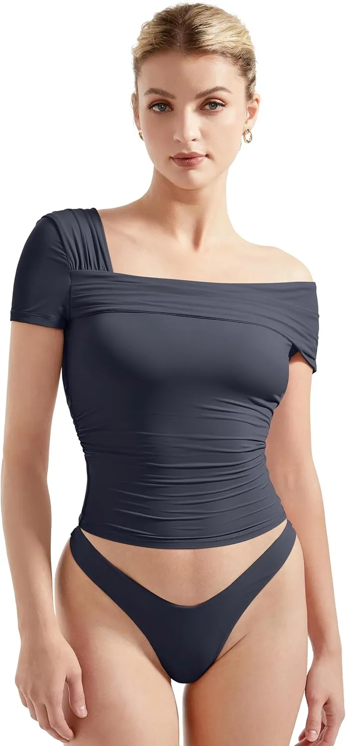 SUUKSESS Women One Off The Shoulder Summer Tank Tops Ruched Short Sleeve Shirts