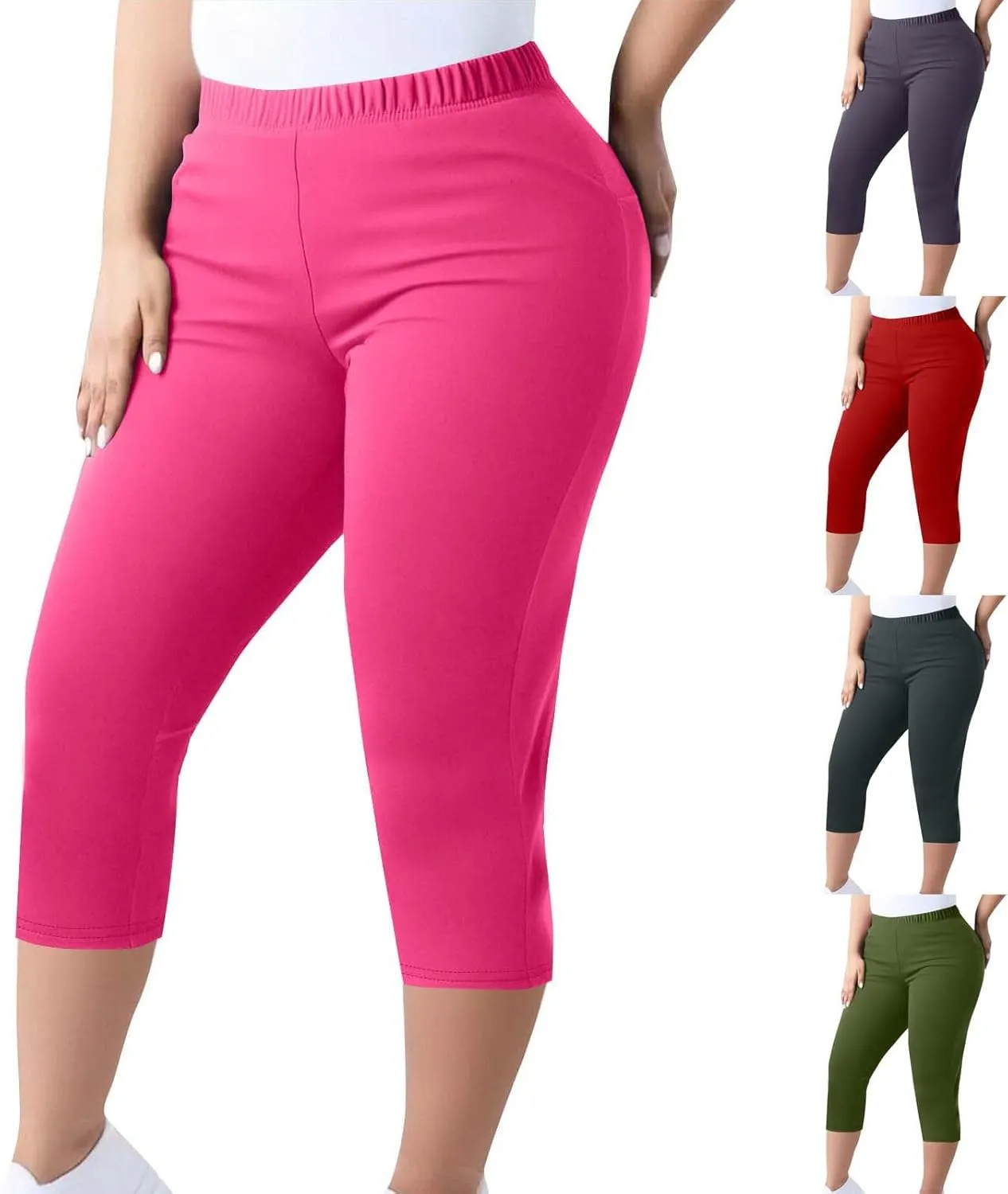 TANGNADE Women Capri Pants Plus Size Stretch Knee Length Leggings Elastic Waist Casual Summer Ladies Pull On Capris