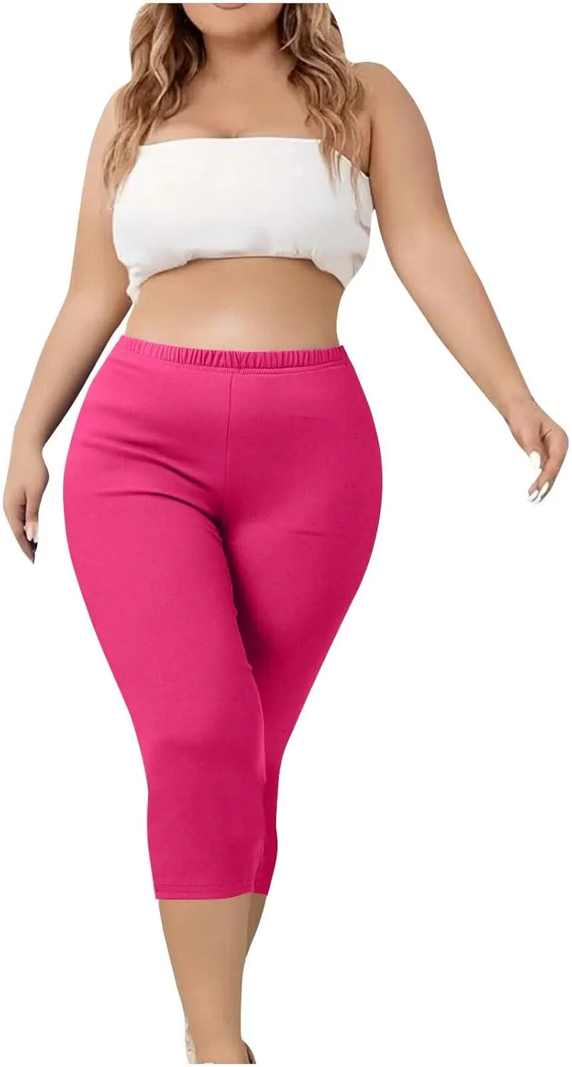 TANGNADE Women Capri Pants Plus Size Stretch Knee Length Leggings Elastic Waist Casual Summer Ladies Pull On Capris