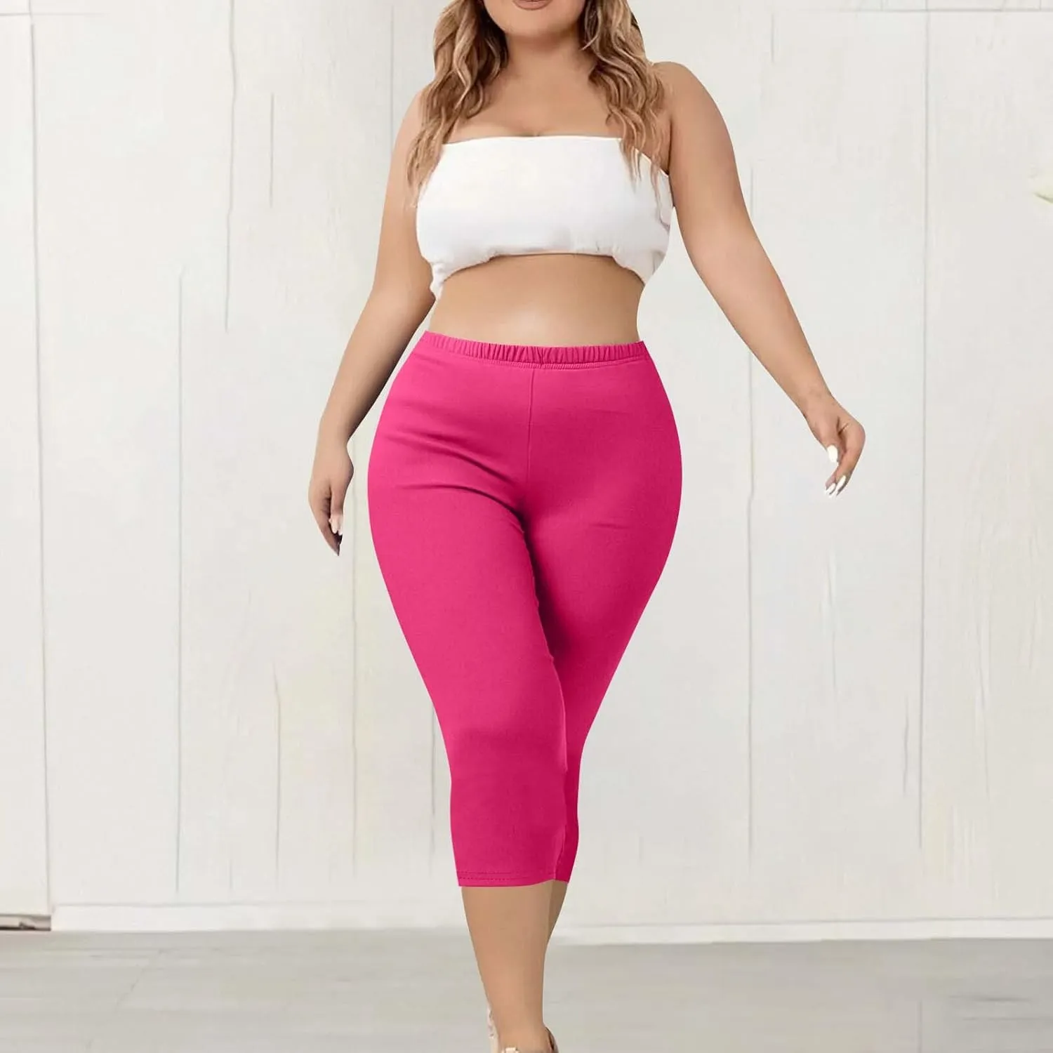 TANGNADE Women Capri Pants Plus Size Stretch Knee Length Leggings Elastic Waist Casual Summer Ladies Pull On Capris