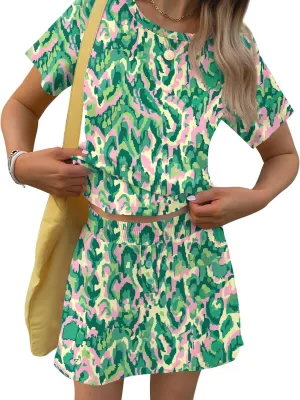 TCOT Pajamas for Women Set Summer Fashion Short Sleeve Crewneck Tops with Skirt Sets Pajama Casual Loungewear