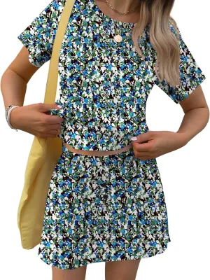 TCOT Pajamas for Women Set Summer Fashion Short Sleeve Crewneck Tops with Skirt Sets Pajama Casual Loungewear