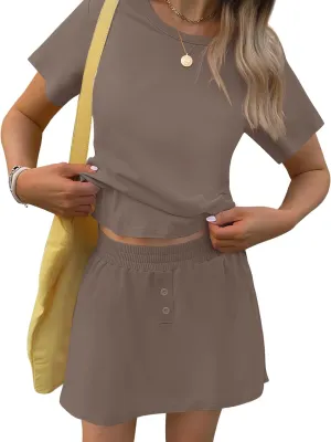 TCOT Pajamas for Women Set Summer Fashion Short Sleeve Crewneck Tops with Skirt Sets Pajama Casual Loungewear