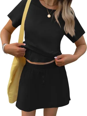 TCOT Pajamas for Women Set Summer Fashion Short Sleeve Crewneck Tops with Skirt Sets Pajama Casual Loungewear