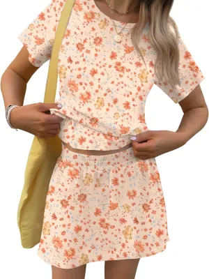 TCOT Pajamas for Women Set Summer Fashion Short Sleeve Crewneck Tops with Skirt Sets Pajama Casual Loungewear