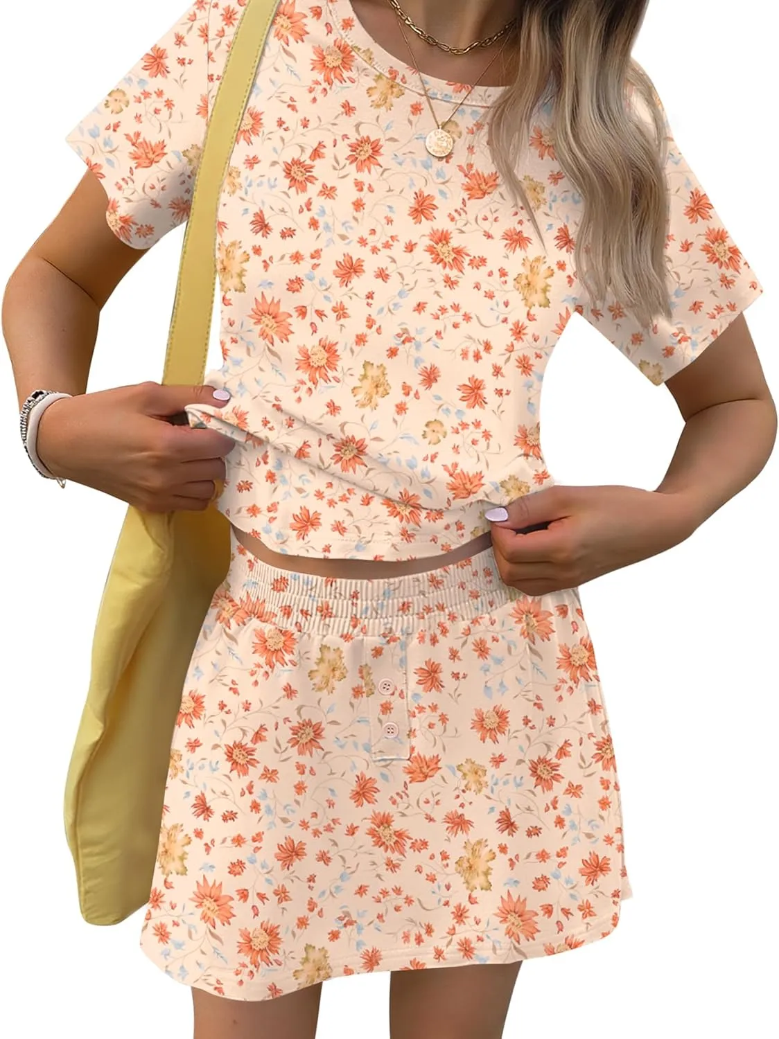 TCOT Pajamas for Women Set Summer Fashion Short Sleeve Crewneck Tops with Skirt Sets Pajama Casual Loungewear