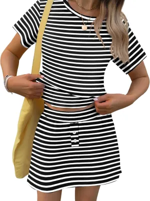 TCOT Pajamas for Women Set Summer Fashion Short Sleeve Crewneck Tops with Skirt Sets Pajama Casual Loungewear