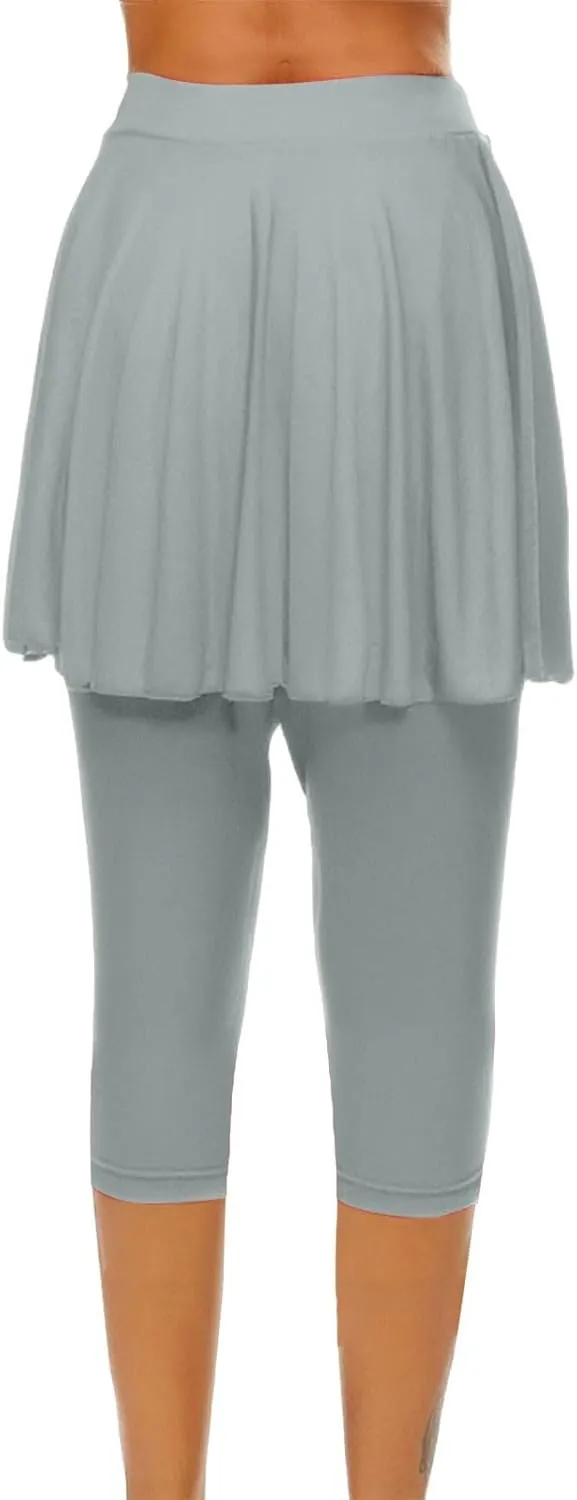 Tennis Skirted Leggings for Women Yoga Athletic Tummy Control Skort Golf Pickleball Capri Leggings with Ruffle Skirt