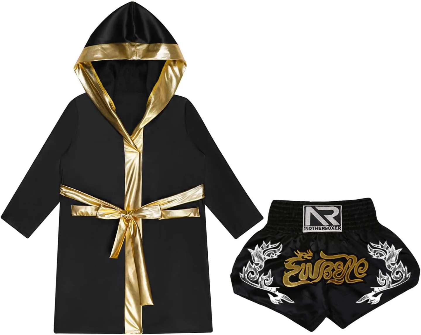 TiaoBug Child Boxing Costume Outfits Open Front Metallic Trim Satin Belted Robe Hooded Cloak with Shorts Set