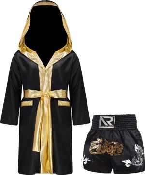TiaoBug Child Boxing Costume Outfits Open Front Metallic Trim Satin Belted Robe Hooded Cloak with Shorts Set