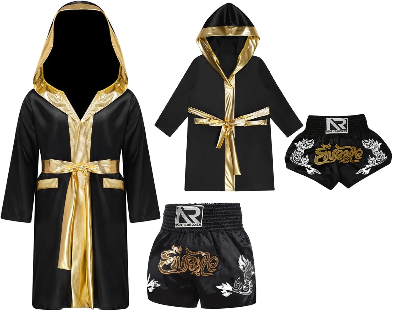 TiaoBug Child Boxing Costume Outfits Open Front Metallic Trim Satin Belted Robe Hooded Cloak with Shorts Set