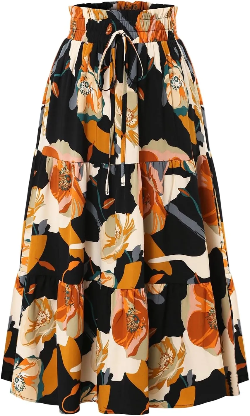 Tiered Maxi Skirts for Women Comfy Long Skorts Ruffle Hem Flowy Swing Elastic High Waisted Summer Cover Ups