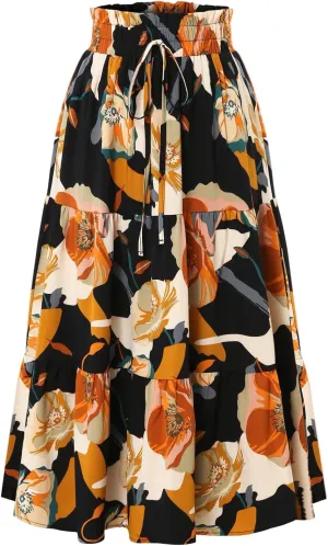 Tiered Maxi Skirts for Women Comfy Long Skorts Ruffle Hem Flowy Swing Elastic High Waisted Summer Cover Ups