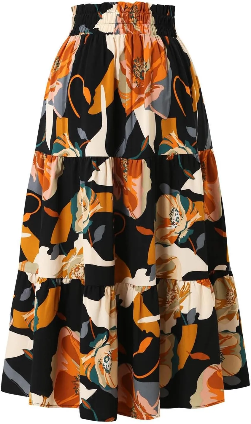 Tiered Maxi Skirts for Women Comfy Long Skorts Ruffle Hem Flowy Swing Elastic High Waisted Summer Cover Ups