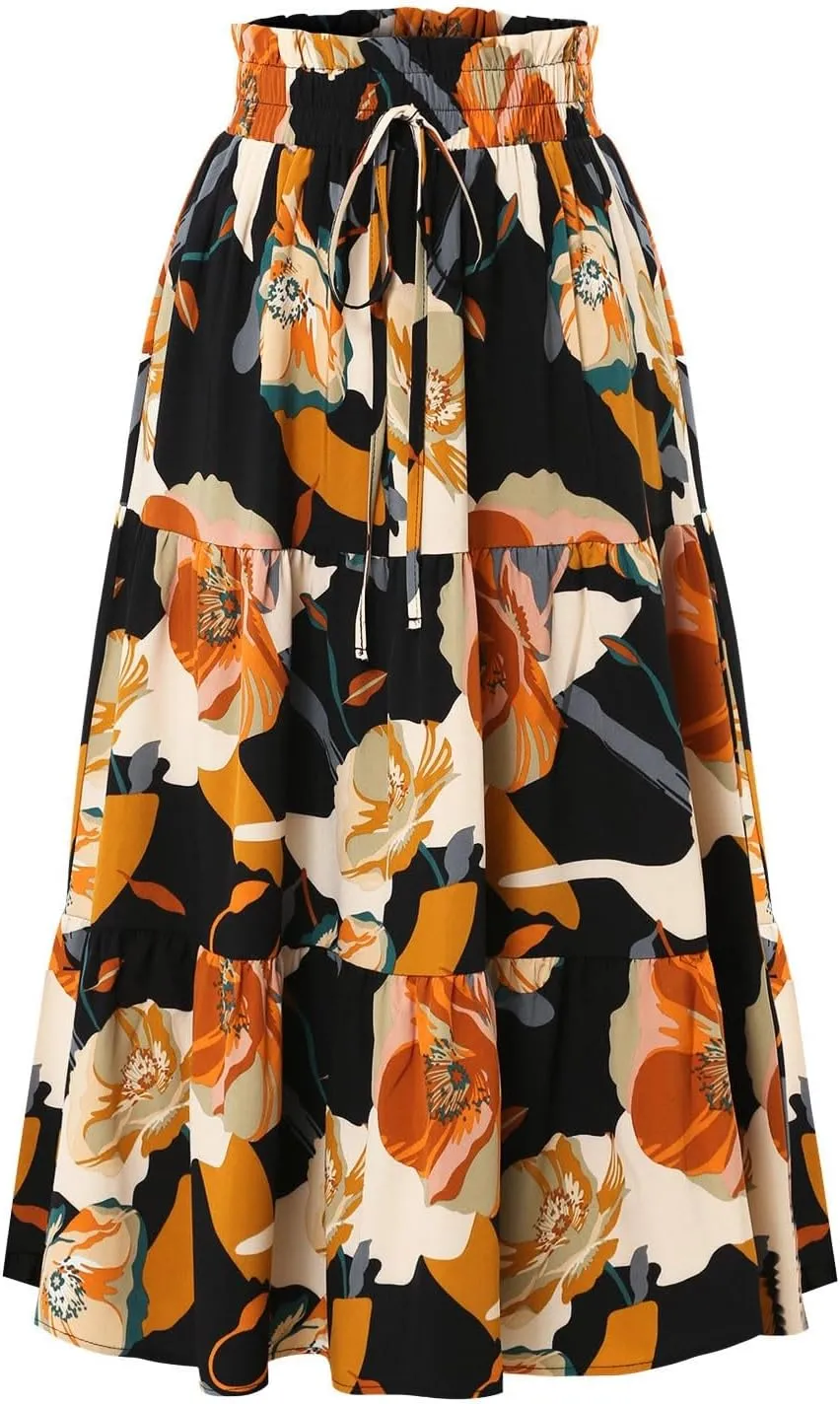 Tiered Maxi Skirts for Women Comfy Long Skorts Ruffle Hem Flowy Swing Elastic High Waisted Summer Cover Ups