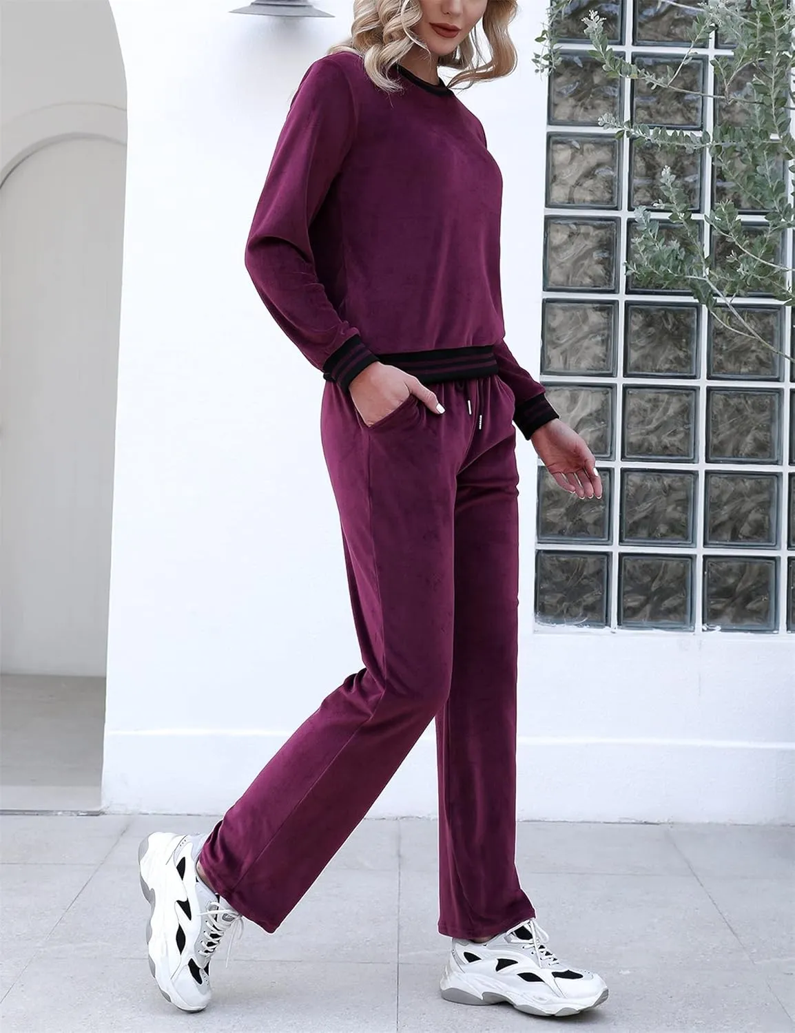 Totatuit Women's Sweatsuit Set Velour Long Sleeve and Pants Sport Sweat Suits 2 Piece Tracksuits Outfits with Pocket S-XXL
