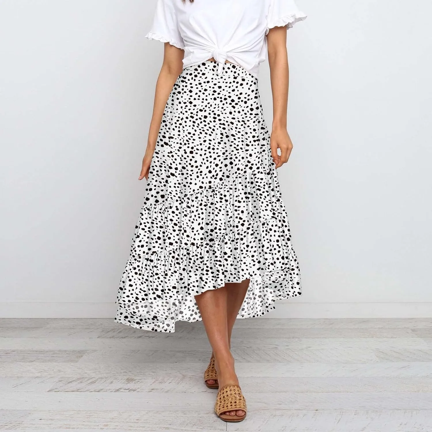 tuduoms Ditzy Floral Skirt Midi Boho Elastic High Waist Skirt A-line Long Vintage Skirts for Women High Low Pleated Skirt