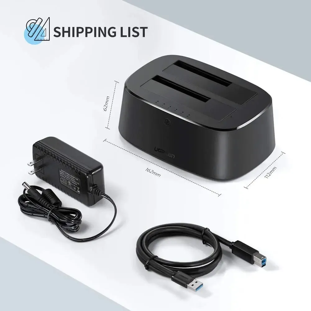 UGREEN USB 3.0 to SATA Dual-Bay(US) External Hard Drive Docking Station for 2.5 3.5 Inch SATA I II III HDD SSD, Compatible with WD Seagate Toshiba Samsung Hitachi PC Laptop TV PS4 Xbox etc. (50854)