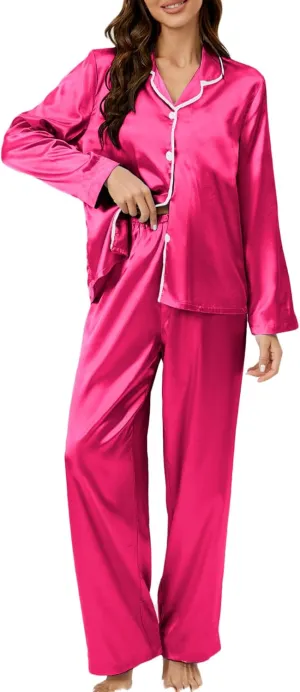 Verdusa Women's Satin Pajama Set Button Down Loungewear Long Sleeve Top and Pants