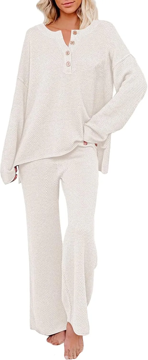 Viottiset Women's 2 Piece Outfits Sweatsuit Knit Long Sleeve Sweater Wide Leg Pants Loungewear