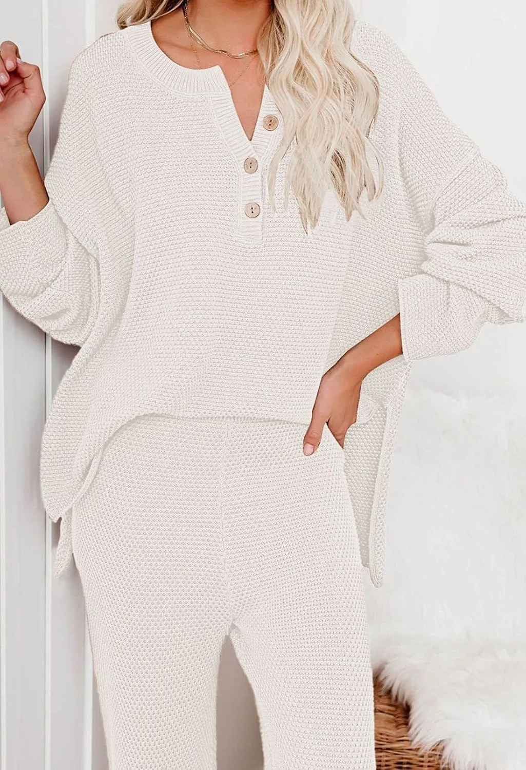 Viottiset Women's 2 Piece Outfits Sweatsuit Knit Long Sleeve Sweater Wide Leg Pants Loungewear
