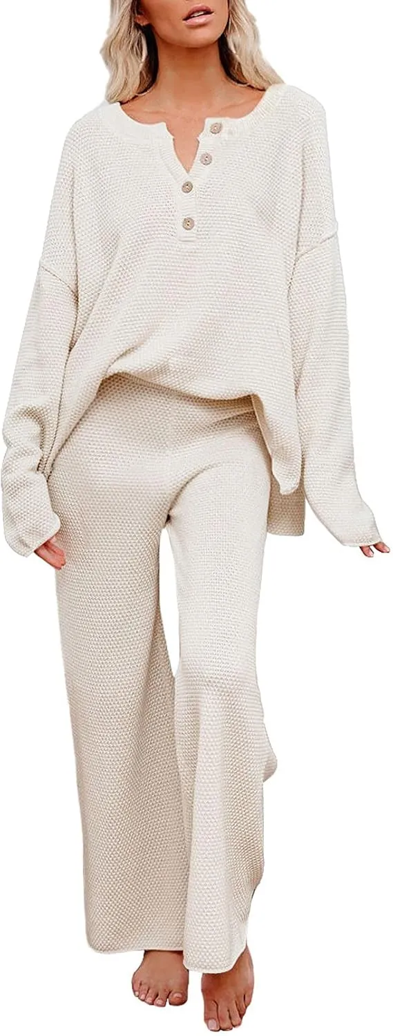 Viottiset Women's 2 Piece Outfits Sweatsuit Knit Long Sleeve Sweater Wide Leg Pants Loungewear