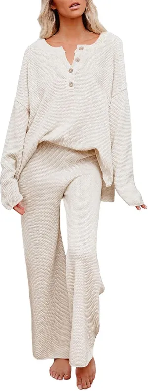 Viottiset Women's 2 Piece Outfits Sweatsuit Knit Long Sleeve Sweater Wide Leg Pants Loungewear