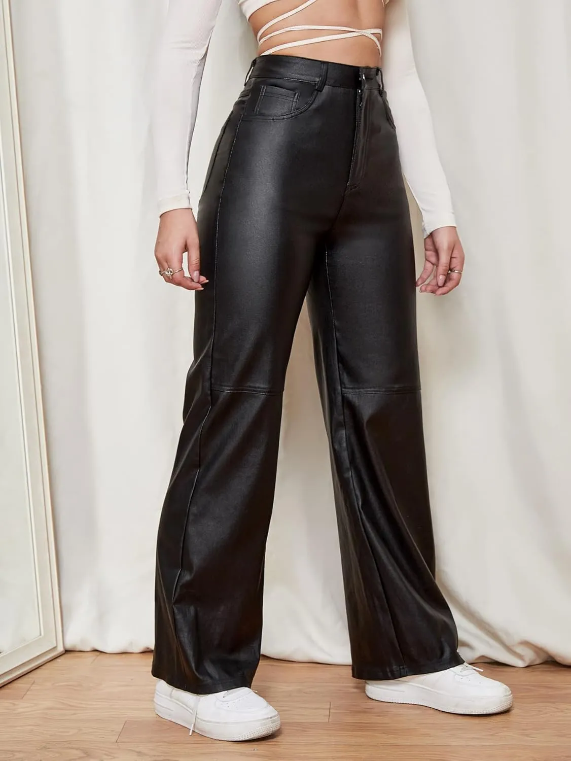 WDIRARA Women's Slant Pocket Straight Leg High Stretch Jeans Leather Look Long Pants