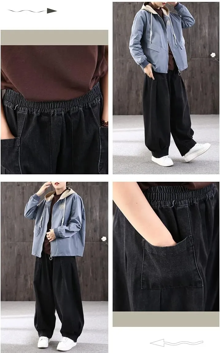 Wide Leg Jeans for Women Denim Trousers Baggy Pants Long Harem Elastic Waist with Pockets Casual Loose