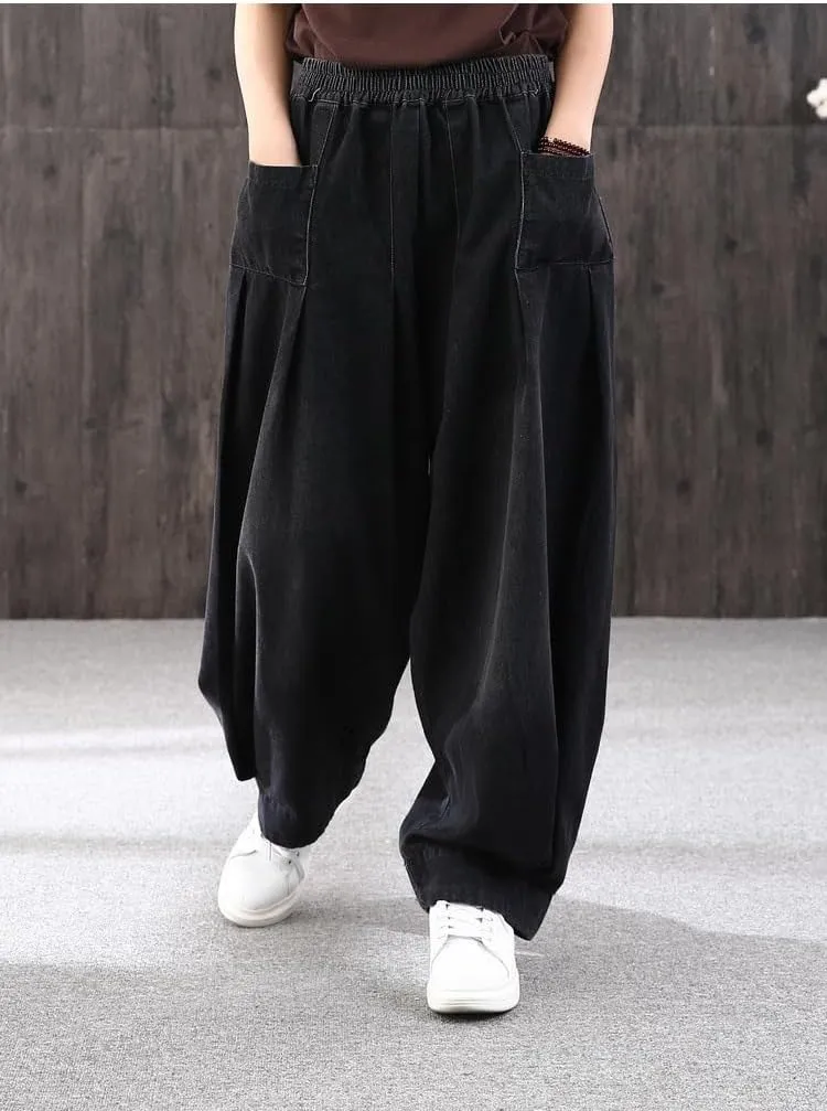 Wide Leg Jeans for Women Denim Trousers Baggy Pants Long Harem Elastic Waist with Pockets Casual Loose