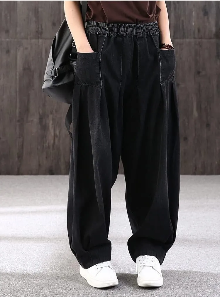 Wide Leg Jeans for Women Denim Trousers Baggy Pants Long Harem Elastic Waist with Pockets Casual Loose