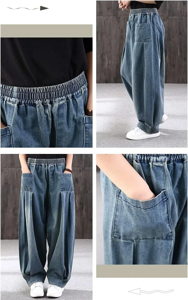 Wide Leg Jeans for Women Denim Trousers Baggy Pants Long Harem Elastic Waist with Pockets Casual Loose