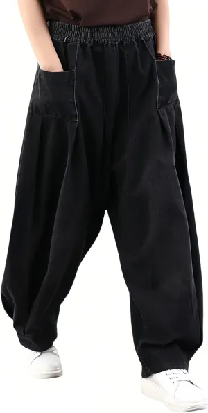 Wide Leg Jeans for Women Denim Trousers Baggy Pants Long Harem Elastic Waist with Pockets Casual Loose
