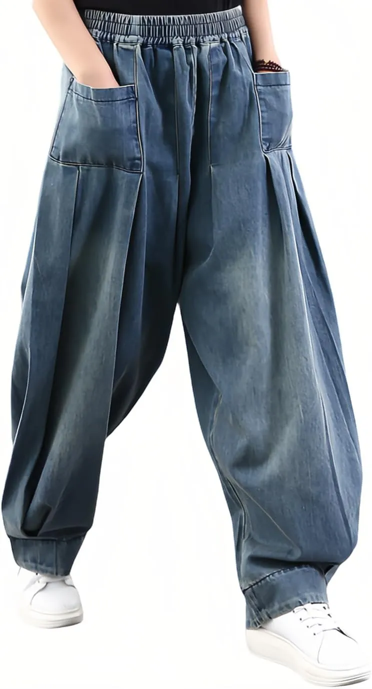 Wide Leg Jeans for Women Denim Trousers Baggy Pants Long Harem Elastic Waist with Pockets Casual Loose