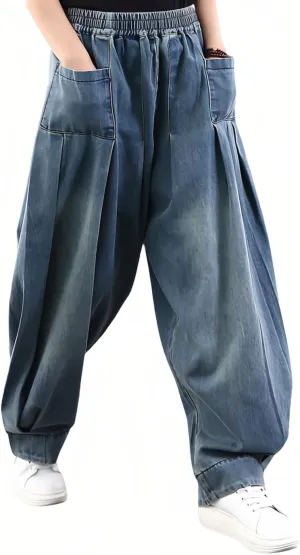 Wide Leg Jeans for Women Denim Trousers Baggy Pants Long Harem Elastic Waist with Pockets Casual Loose