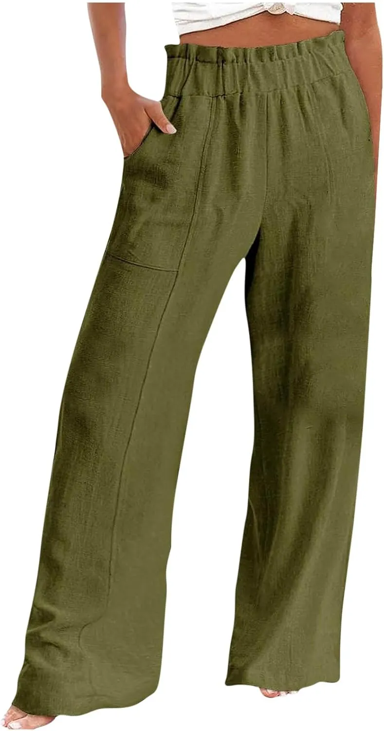 Wide Leg Linen Pants for Women Summer Casual Straight Palazzo Pants Elastic Waist Flowy Boho Beach Trousers with Pockets