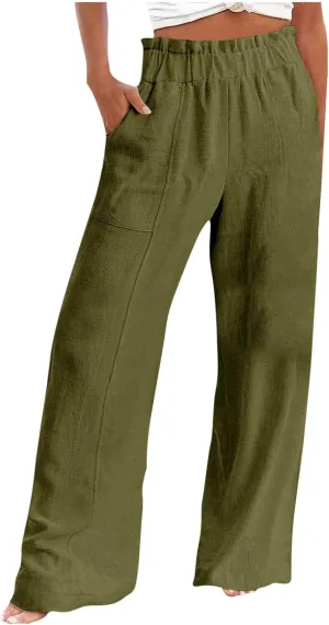 Wide Leg Linen Pants for Women Summer Casual Straight Palazzo Pants Elastic Waist Flowy Boho Beach Trousers with Pockets
