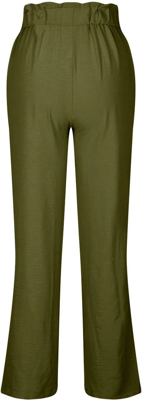 Wide Leg Linen Pants for Women Summer Casual Straight Palazzo Pants Elastic Waist Flowy Boho Beach Trousers with Pockets