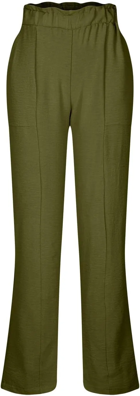 Wide Leg Linen Pants for Women Summer Casual Straight Palazzo Pants Elastic Waist Flowy Boho Beach Trousers with Pockets