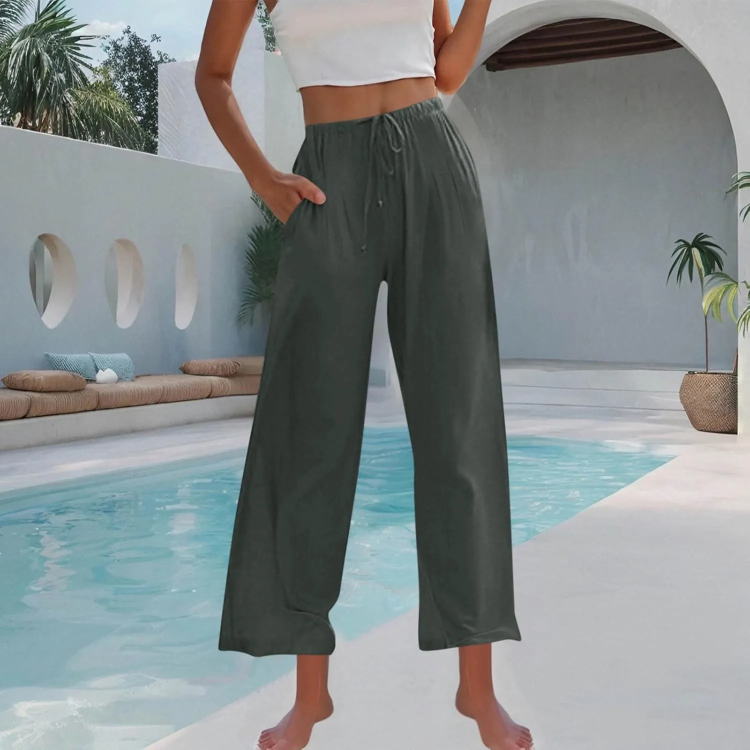 Wide Leg Pants for Woman Palazzo Trousers High Waisted Drawstring Summer Casual Business Work Beach Vacation Pants