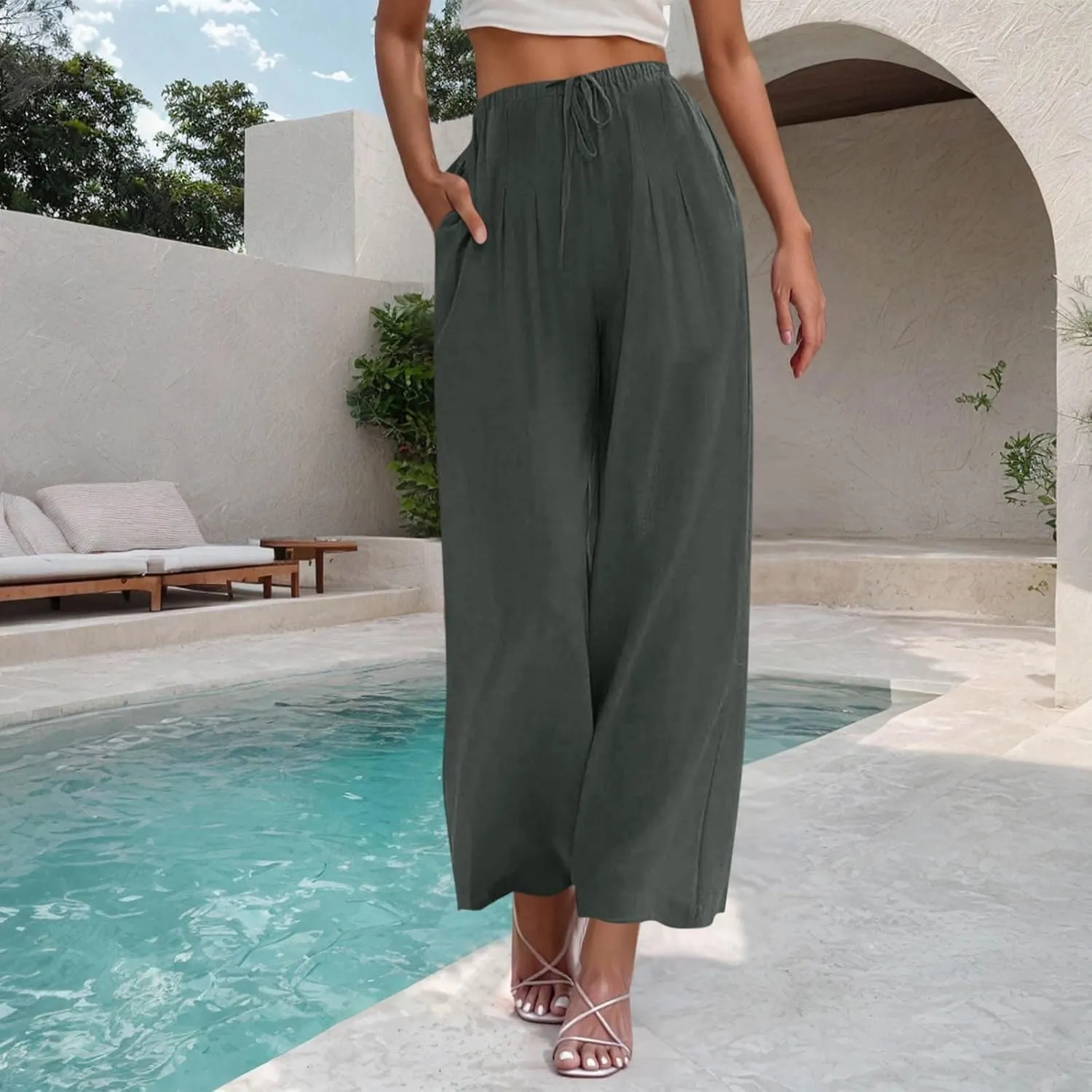 Wide Leg Pants for Woman Palazzo Trousers High Waisted Drawstring Summer Casual Business Work Beach Vacation Pants